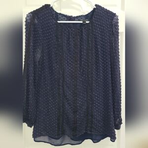 J Crew Women’s Navy Textured Long-Sleeve Blouse with Sheer Dots